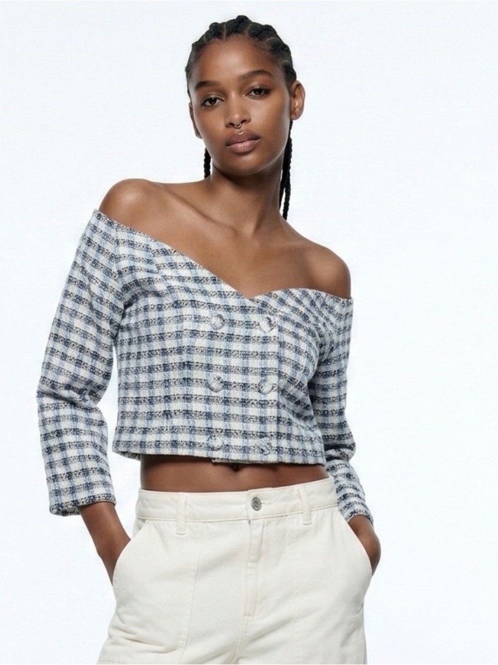 Zara Double Breasted Plaid Tweed Crop Top Blue White Chic Off Shoulder Sz S NWT